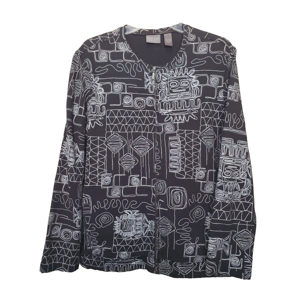 Chico's Cotton Blend Black Full-Zip Sketch Print Knit Jacket Size 2 Large